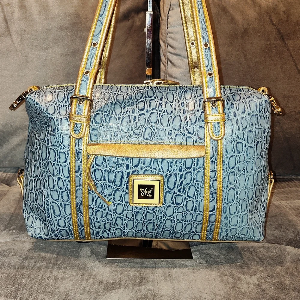 Sharif Blue and Gold Embossed Shoulder Bag - Picture 2 of 16